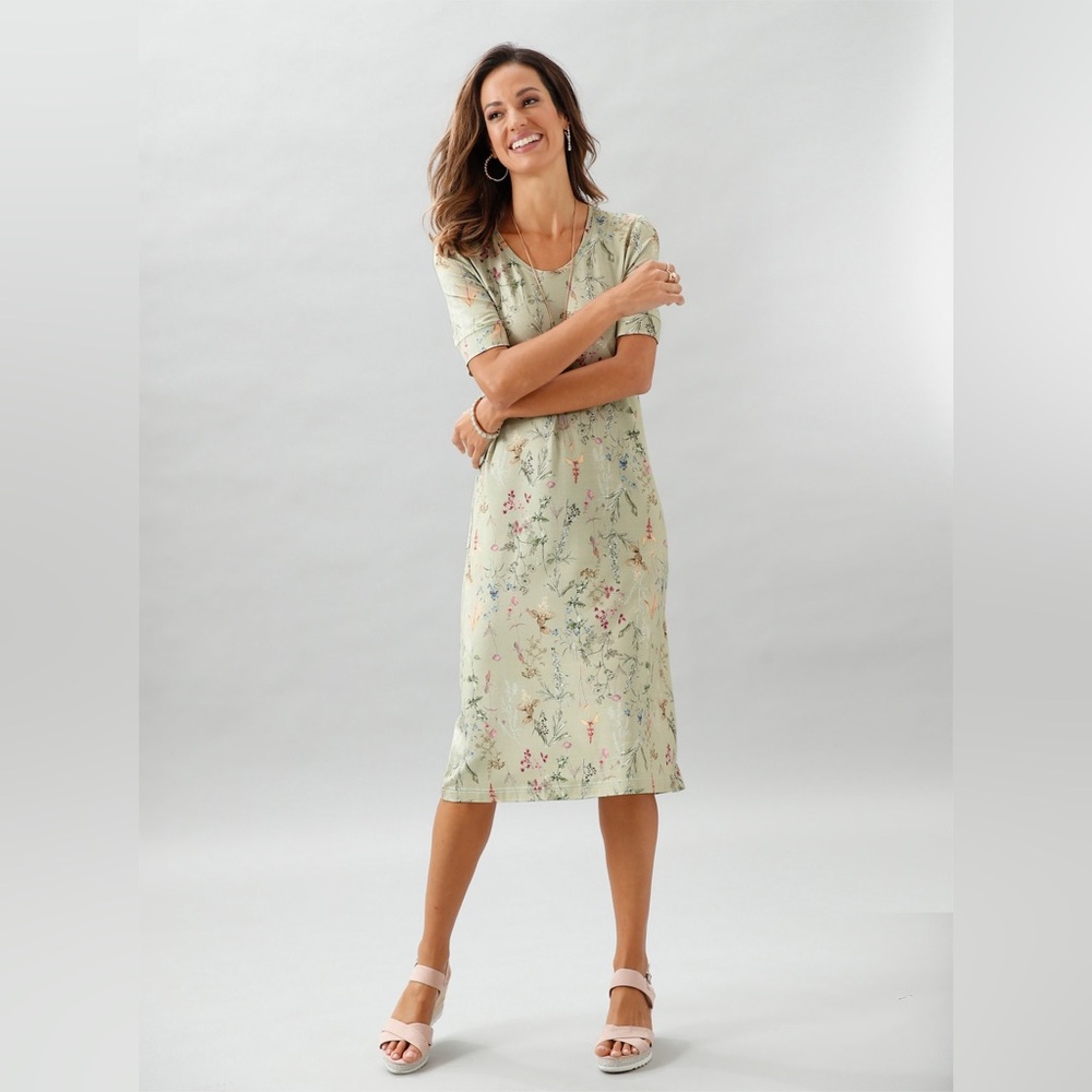 Botanical Floral Midi Dress USA 6 Viscose Stretch Made in Greece Cottagecore